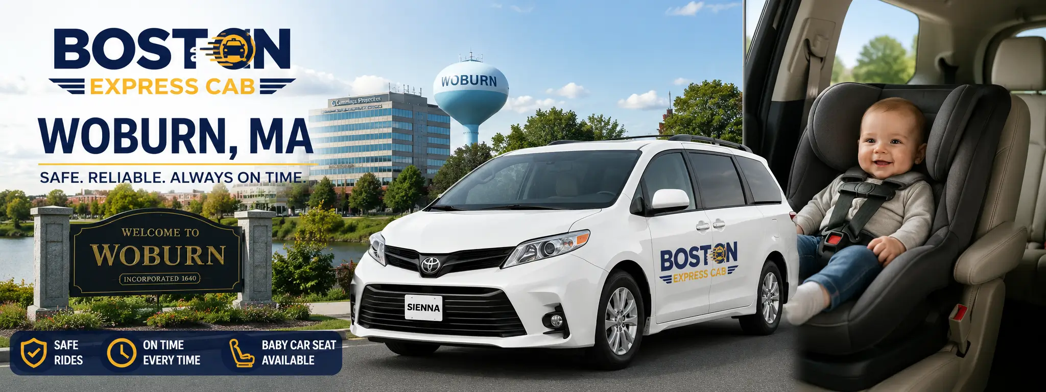 Woburn MA Airport Taxi Cab & Car Service to Boston Airport | Minivan Child Seat